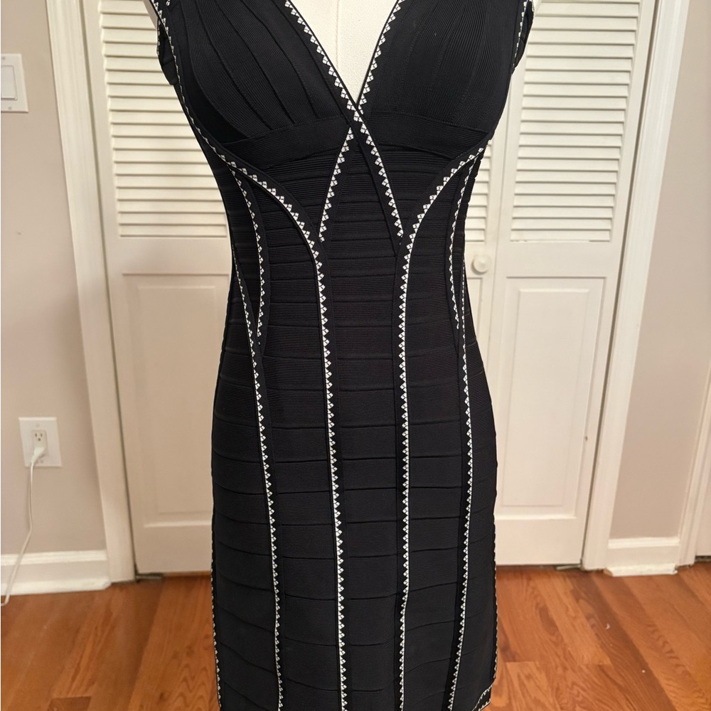 Herve Leger Bandage Black Dress with White Accents, size M